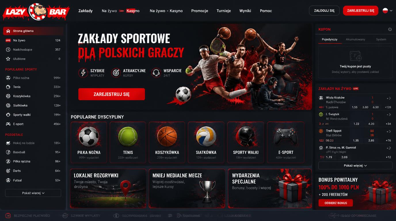 Interfejs zakładów sportowych z różnymi dyscyplinami sportowymi