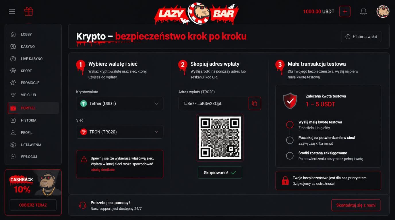 Interfejs wyboru sieci krypto i adresu portfela