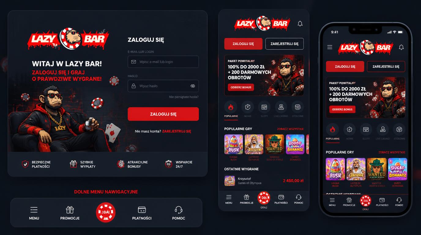 Interfejs aplikacji versus strona mobilna z widocznym dolnym menu i ekranem logowania