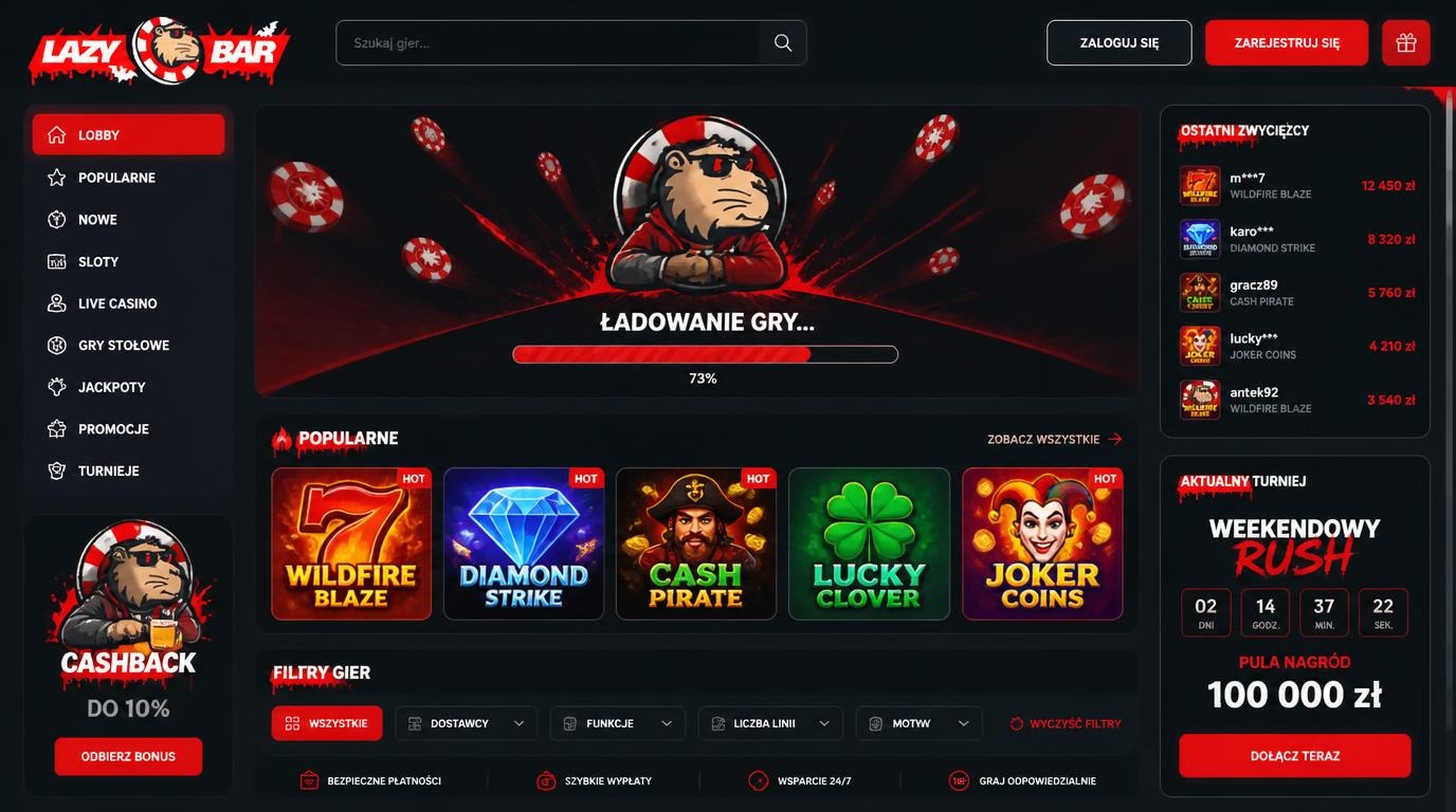 Ekran ładowania i lobby z wieloma grami oraz filtrami