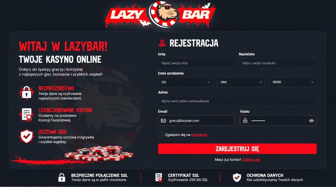 Interfejs rejestracji konta Lazybar Casino z polami i symbolami bezpieczeństwa.