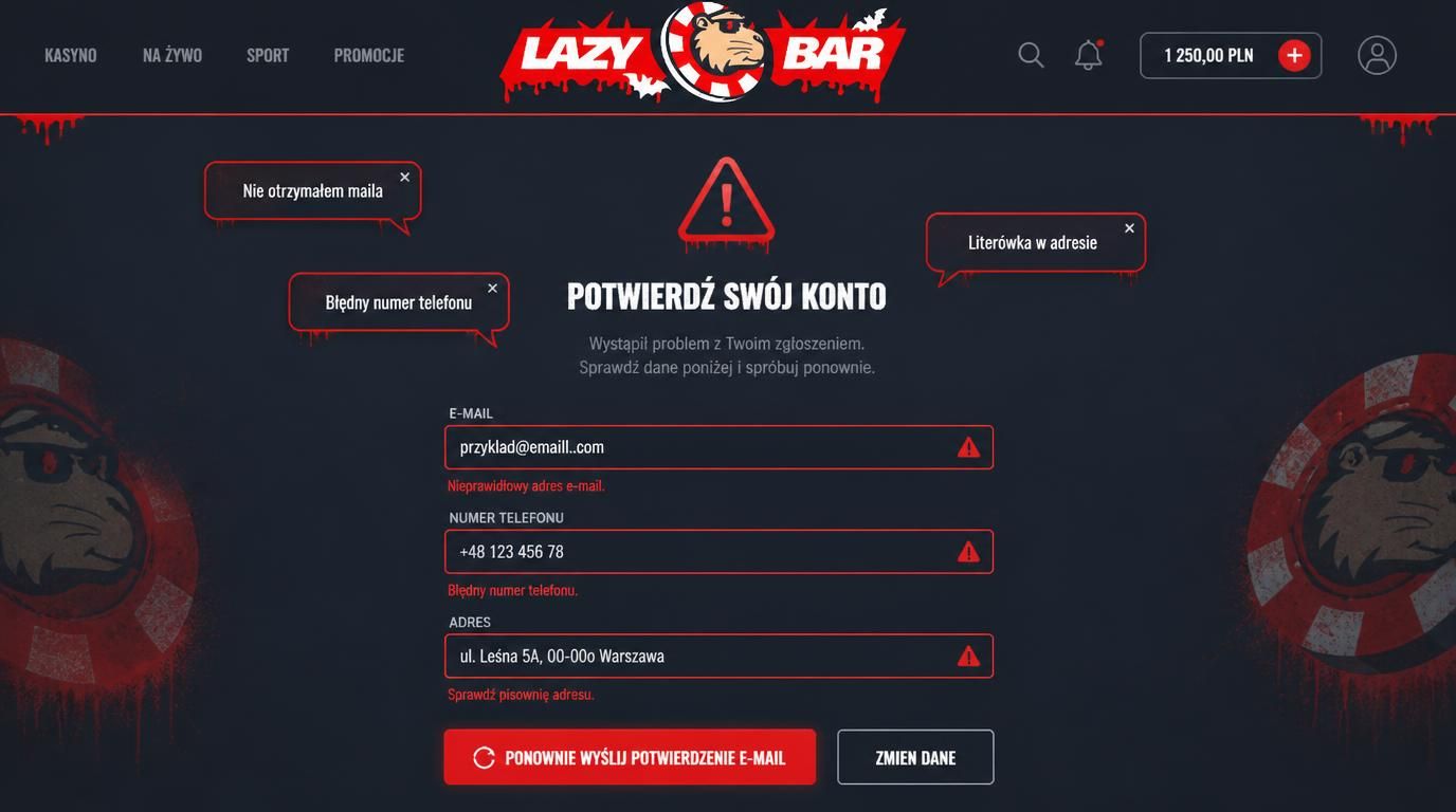 Typowe błędy: brak maila, numer telefonu, literówki – zrzut formularza z komunikatami.