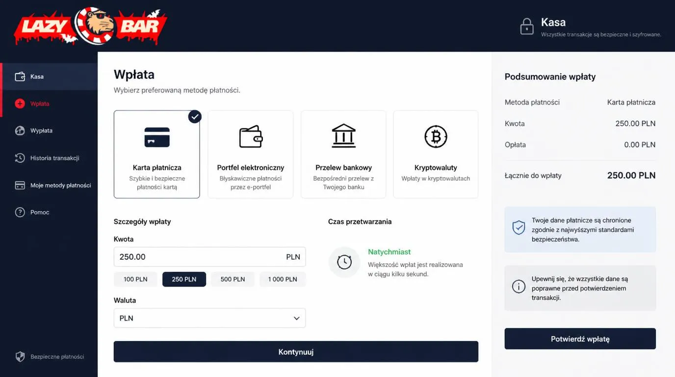 Ekran kasy z wyborem karty, portfela elektronicznego, przelewu i kryptowaluty