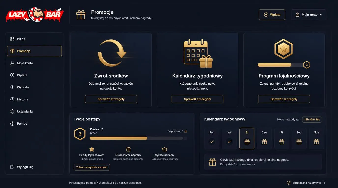Panel kasyna z kartami cashbacku, cotygodniowych nagród i programu lojalnościowego