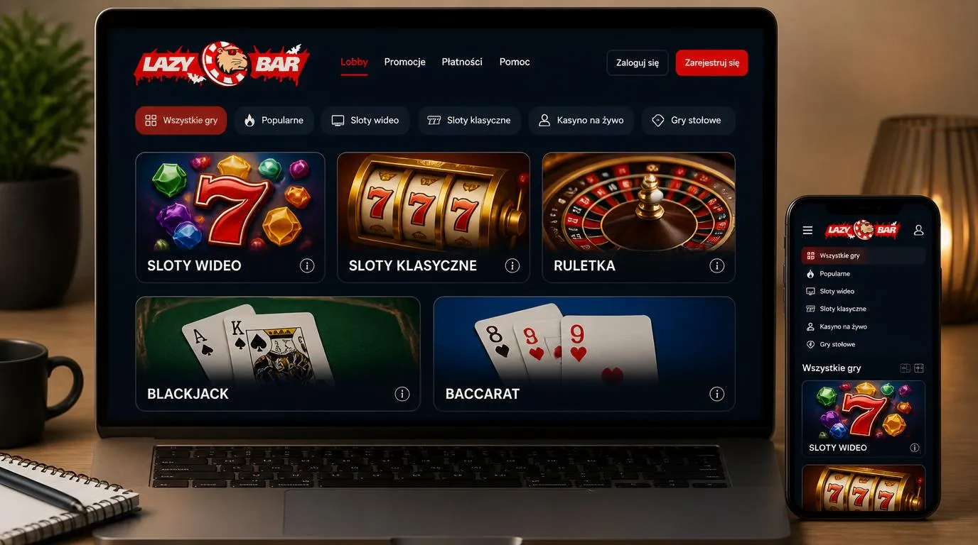 Ekran lobby kasyna z automatami RNG, ruletką i blackjackiem oraz filtrami kategorii